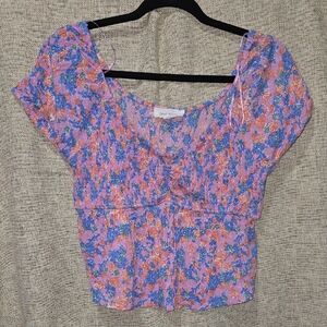 Pink Rose Floral Blouse in Pink and Blue